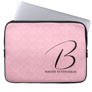 Funda Para Portátil Monograma negro sobre damasco rosado
