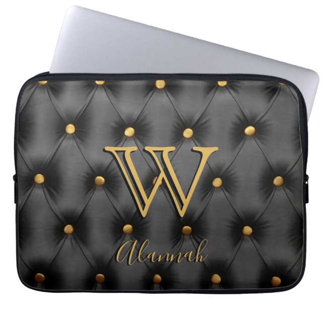Funda Para Portátil Monograma negro y oro inclinado (Frente)