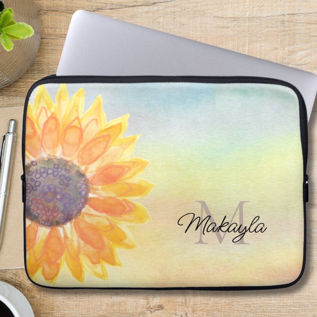 Funda Para Portátil Monograma Nombre Acuarela Girasol (Subido por el creador)
