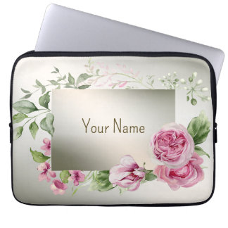 Funda Para Portátil Monograma Nombre Acuarela Marco Floral Rosa Bronce