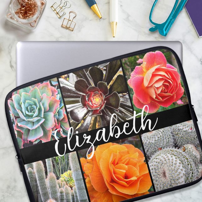 Funda Para Portátil Monograma nombre cacti rosa collage de fotos moder (Subido por el creador)