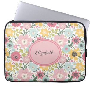 Funda Para Portátil Monograma Nombre Floral azul amarillo rosa Feminin