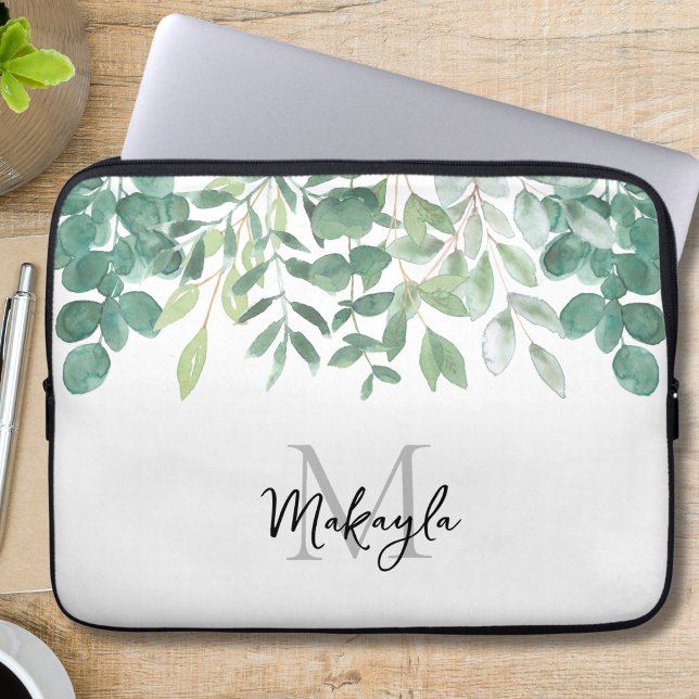 Funda Para Portátil Monograma Nombre Foliage Verde (Subido por el creador)