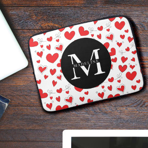 Funda Para Portátil Monograma Nombre Modern Cute Red Heart Pattern Lap