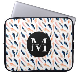 Funda Para Portátil Monograma Nombre Patrón moderno de pluma de la nat