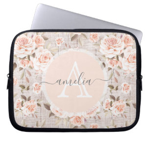 Funda Para Portátil Monograma Nombre Rosas Rústicos de Madera y Vintag