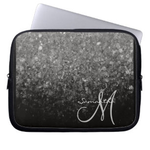 Funda Para Portátil Monograma Ombre Moderno de Plata y Negro Brillante