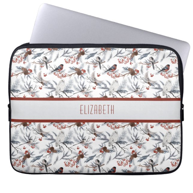Funda Para Portátil Monograma Pájaro Rama de Plata Gris Blanco Ropa Ro (Frente)