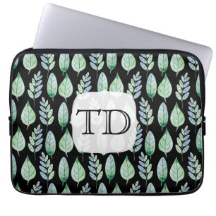 Funda Para Portátil Monograma Patrón de hojas de acuarela de color neg