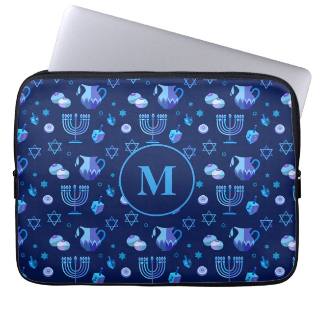 Funda Para Portátil Monograma, Patrón de Ornato Judío de Hanukkah (Frente)