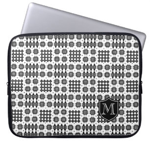 Funda Para Portátil Monograma Patrón de tapiz de imitación blanco negr