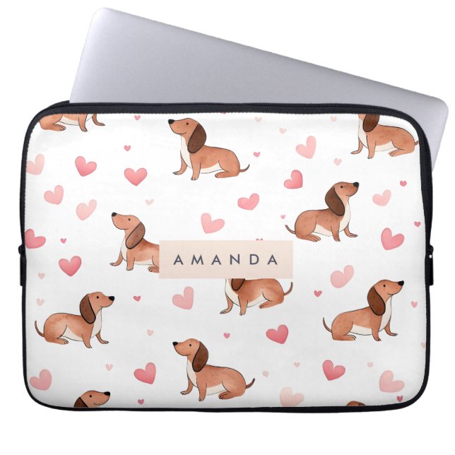 Funda Para Portátil Monograma Perro Cute Dachshund Personalizado (Frente)