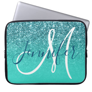Funda Para Portátil Monograma Personalizado con Brillo Turquesa Ombre