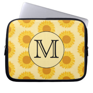 Funda Para Portátil Monograma Personalizado, con girasoles amarillos.