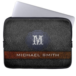 Funda Para Portátil Monograma Personalizado Cuero Marrón y Negro