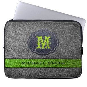 Funda Para Portátil Monograma personalizado en cuero verde y gris
