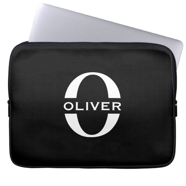 Funda Para Portátil Monograma Personalizado Nombre Blanco Y Negro (Frente)