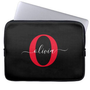Funda Para Portátil Monograma personalizado Nombre de guión Negro Blan