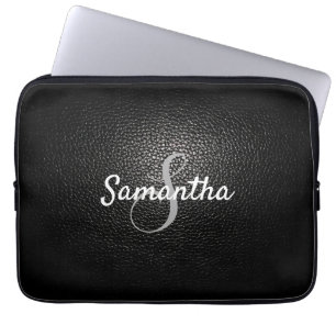 Funda Para Portátil Monograma personalizado y cuero negro nombre