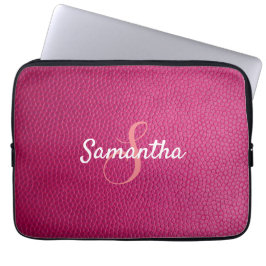Funda Para Portátil Monograma personalizado y cuero rosa de nombre