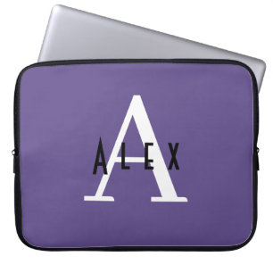 Funda Para Portátil Monograma púrpura moderno lindo inicial + nombre
