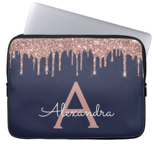 Funda Para Portátil Monograma Purpurina azul de la Marina de Oro Rosa