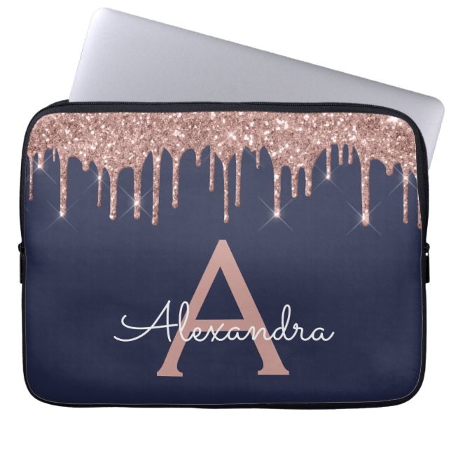 Funda Para Portátil Monograma Purpurina azul de la Marina de Oro Rosa  (Frente)