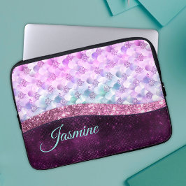 Funda Para Portátil Monograma purpurina de imitación de plata rosa de 