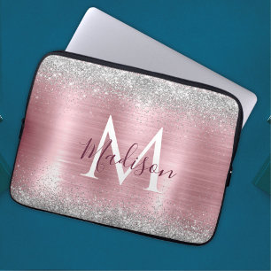 Funda Para Portátil Monograma purpurina de imitación plateado con rosa