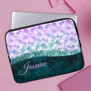 Funda Para Portátil Monograma purpurina de imitación plateado verde az