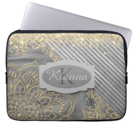 Funda Para Portátil Monograma Purpurina Gold Lotus Mandala