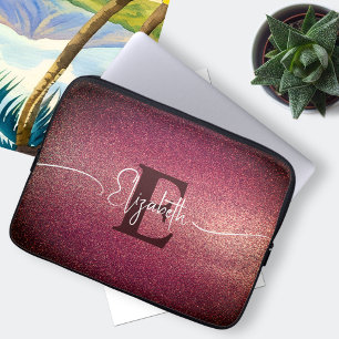 Funda Para Portátil Monograma Purpurina rojo del vino Girly Glam