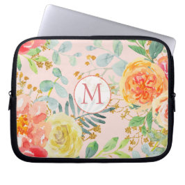 Funda Para Portátil Monograma Purpurina Rubor Floral Rosa Eucalyptus
