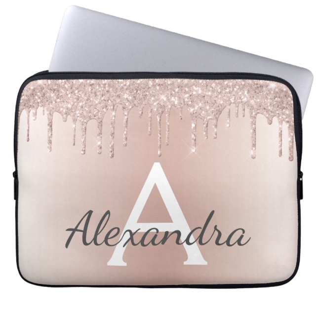 Funda Para Portátil Monograma Purpurina Rubor Rosa Gold (Frente)