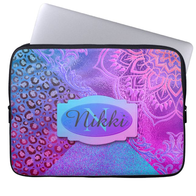 Funda Para Portátil Monograma Purpurinoso de leopardo de Lotus (Frente)