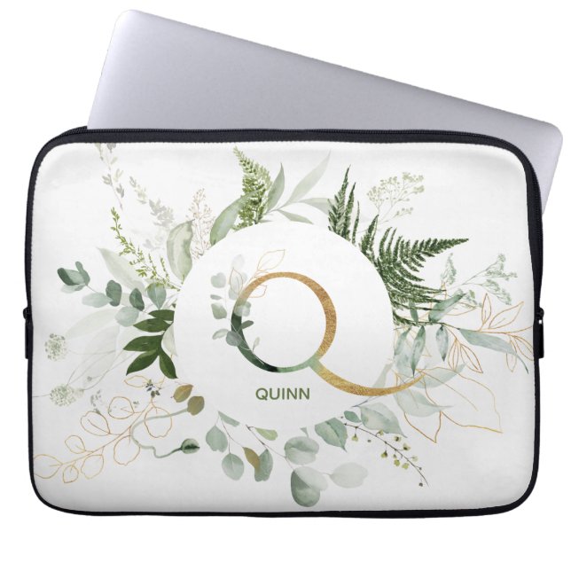 Funda Para Portátil Monograma Q Fern & Eucalyptus Wreath Laptop Sleeve (Frente)