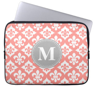 Funda Para Portátil Monograma Quatrefoil Fleur-De-Lis de gris rosado d