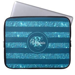 Funda Para Portátil Monograma rayado de Purpurina azul Verde azulado m