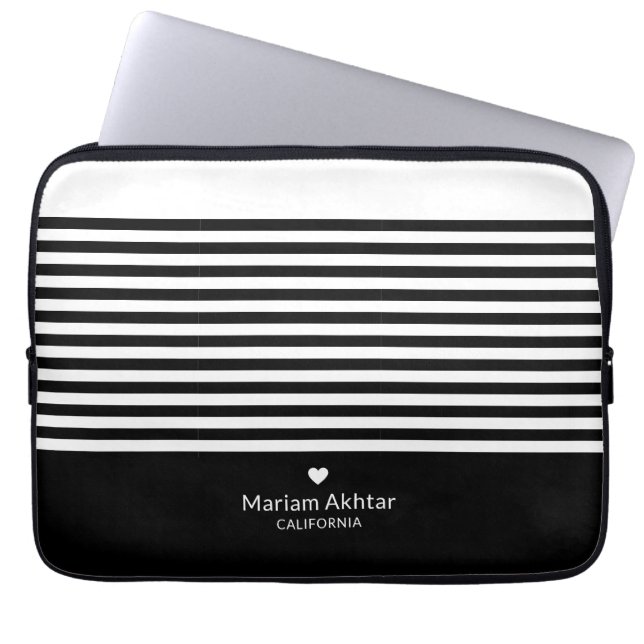 Funda Para Portátil Monograma Rayas Negras Chic Moderno Script Tendenc (Frente)