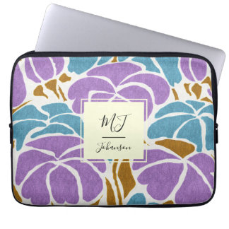 Funda Para Portátil Monograma Resumen Lavanda Flores Azul Púrpura