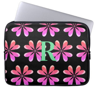 Funda Para Portátil Monograma retro negro rosa floral personalizado