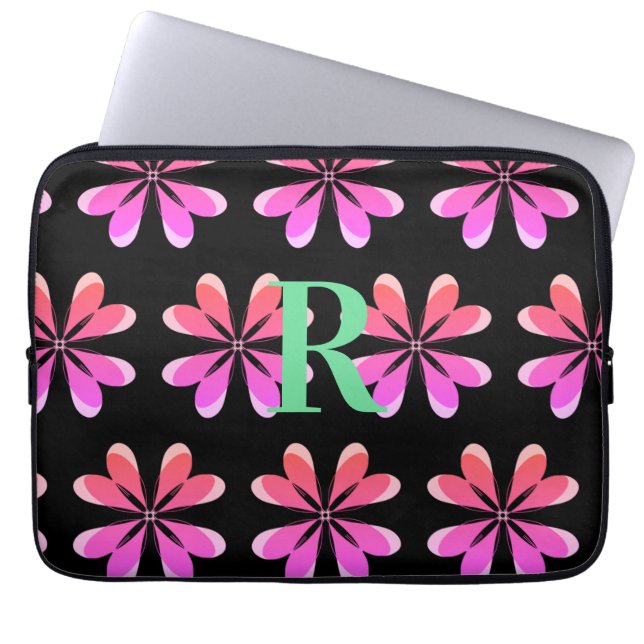 Funda Para Portátil Monograma retro negro rosa floral personalizado (Frente)