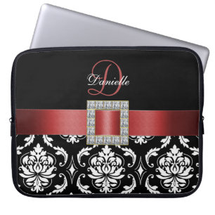 FUNDA PARA PORTÁTIL MONOGRAMA ROJO, NEGRO DEL DAMASCO