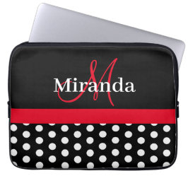 Funda Para Portátil Monograma rojo Punto de Polka Blanco Negro