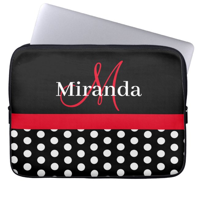 Funda Para Portátil Monograma rojo Punto de Polka Blanco Negro (Frente)