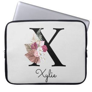 Funda Para Portátil Monograma Rosa Boho Femenino Floral Inicial X