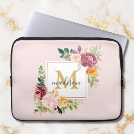 Funda Para Portátil Monograma Rosa de acuarela elegante Botánica flora