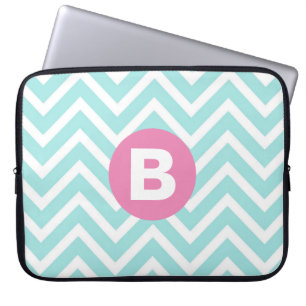 Funda Para Portátil Monograma rosa de Chevron azul claro de moda