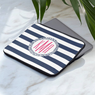Funda Para Portátil Monograma rosa de la Marina Náutica y la franja bl