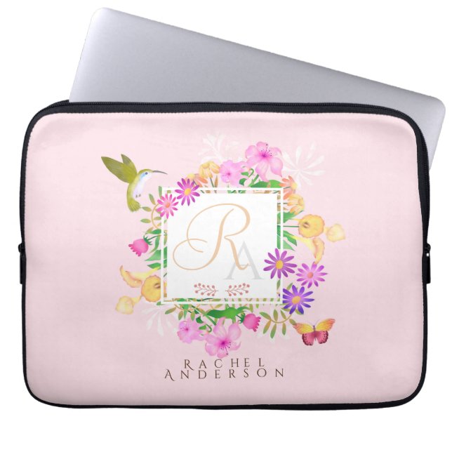 Funda Para Portátil Monograma rosa del jardín floral (Frente)